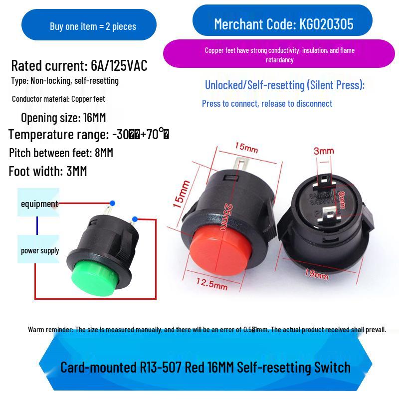 16MM Round Push Button Switch R13-507, Self-Reset, Momentary, Black/White/Red