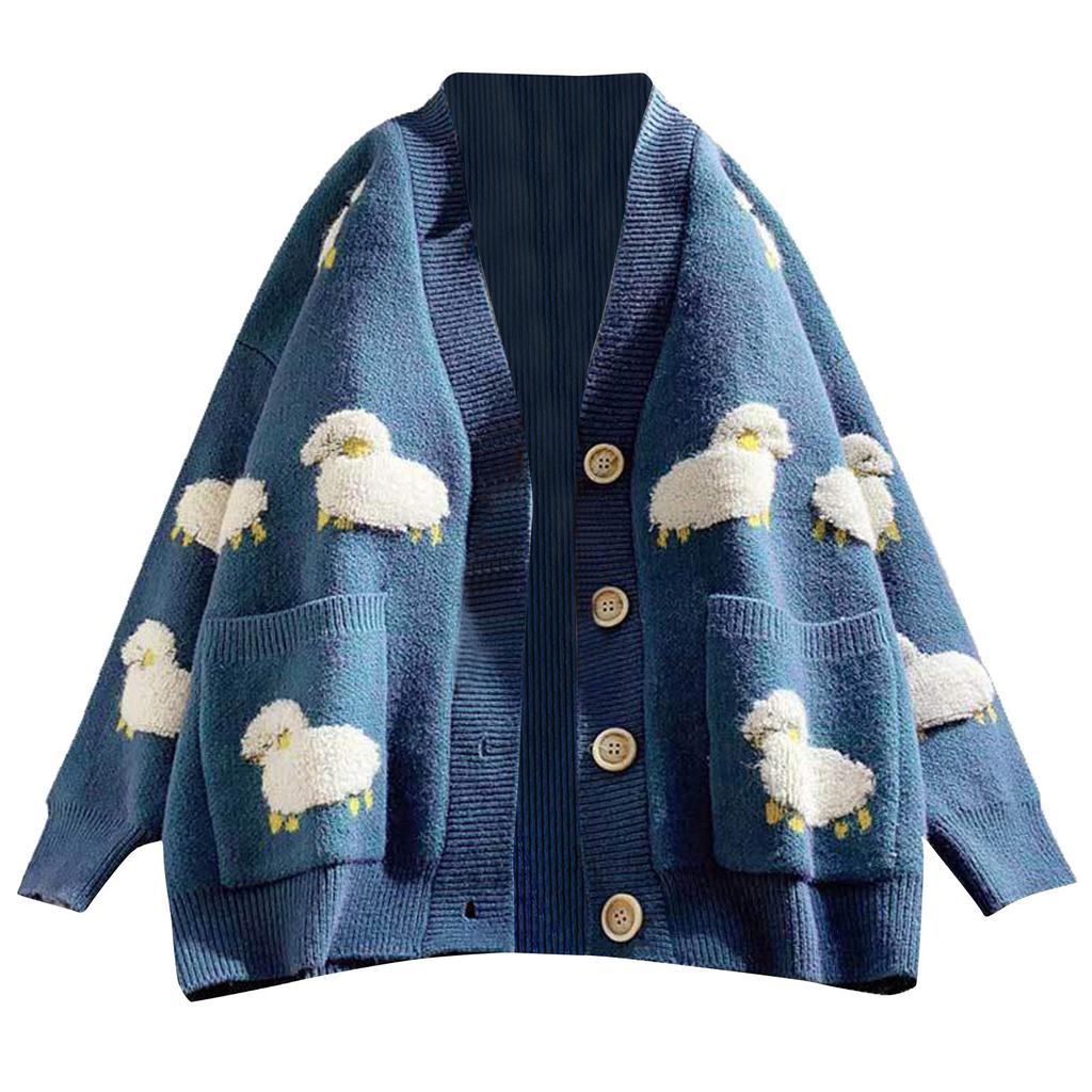Women Long Sleeve Knit Loose Cardigan Cartoon Sheep V-Neck Button Sweater Coat