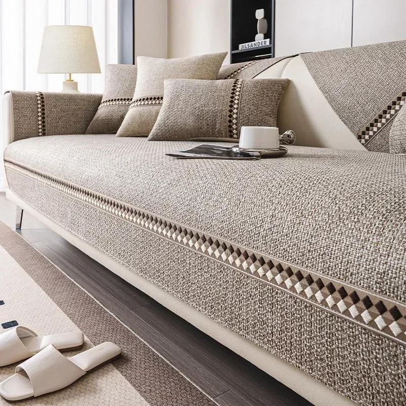 1PC Diamond Print Cotton Linen Sofa Cover All Seasons Universal Sofa Mat Towel Non-Slip L Shaped Couch Cushion for Living Room
