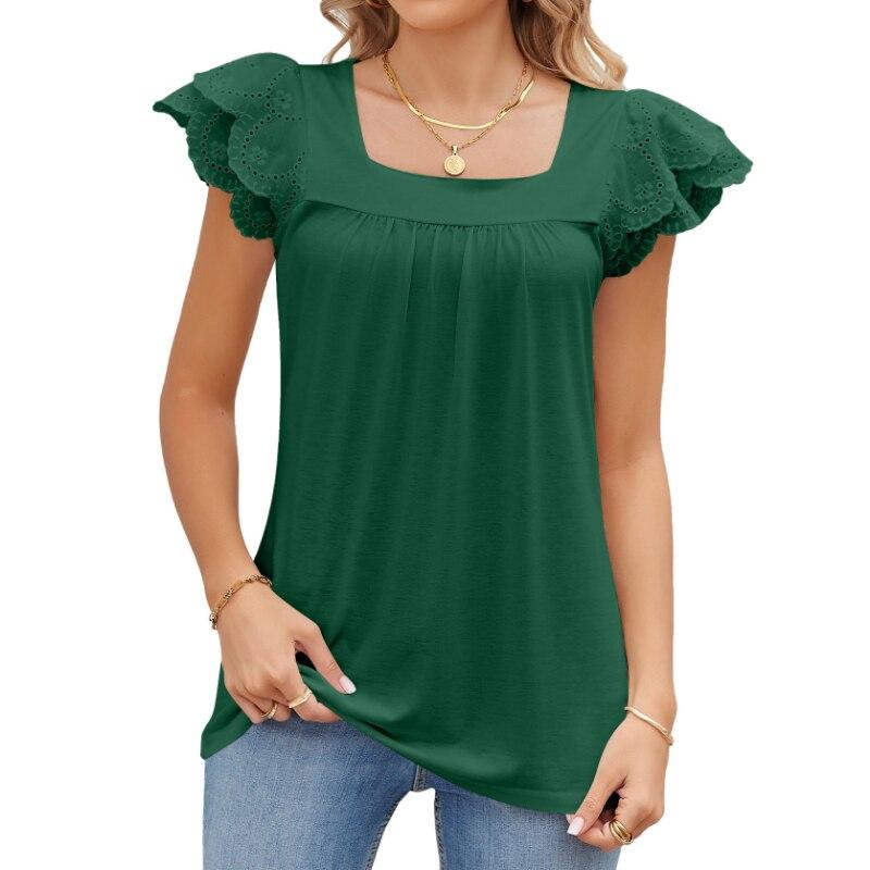 Camiseta informal de manga corta con pétalos para mujer, blusa elegante con cuello cuadrado, Top sencillo y liso con agujeros para mujer 27773 2023