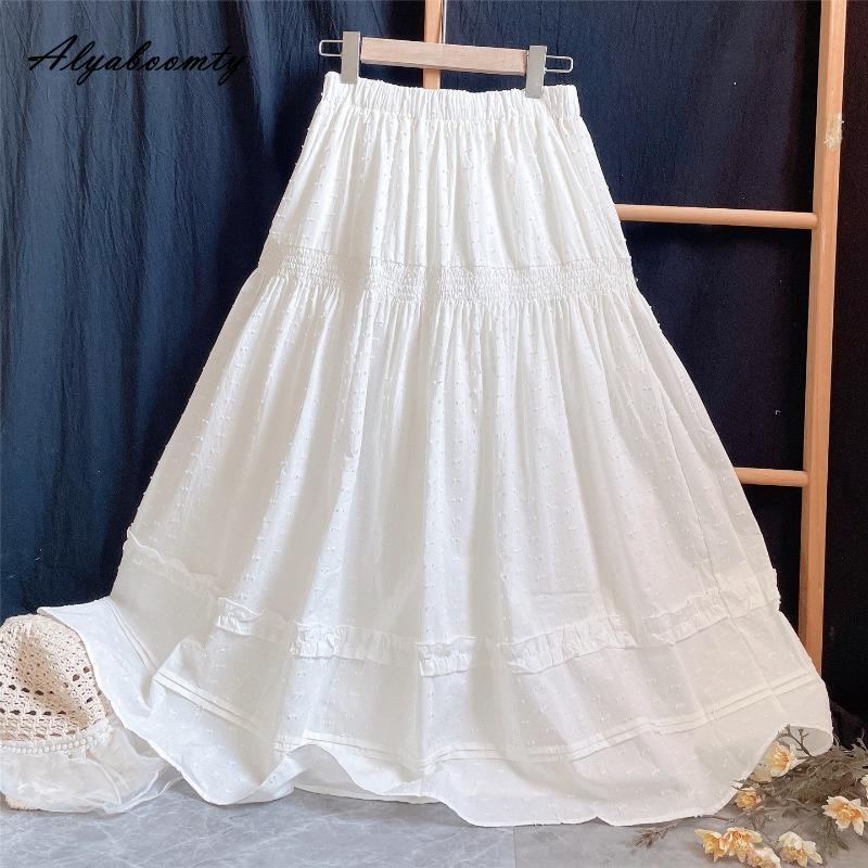 Japanese Mori Girl Summer Spring Women Princess Skirt High Waist Ruffles White A-Line Skirt Sweet Elegant Basic Skirts Womens