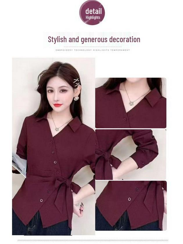 2025 Autumn Women's Long-Sleeve Irregular Tie-Waist Slimming Shirt