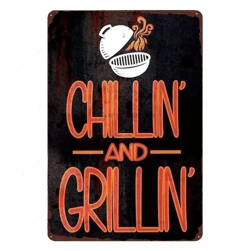 Panneau Barbecue des Pères de Jardin Roi du Grill Vintage Plaque Métallique Boîte de Conserve Bar Pub Décoration de Jardin Plaque Murale BBQ de Papa Chillin&Grillin Plaque Rétro