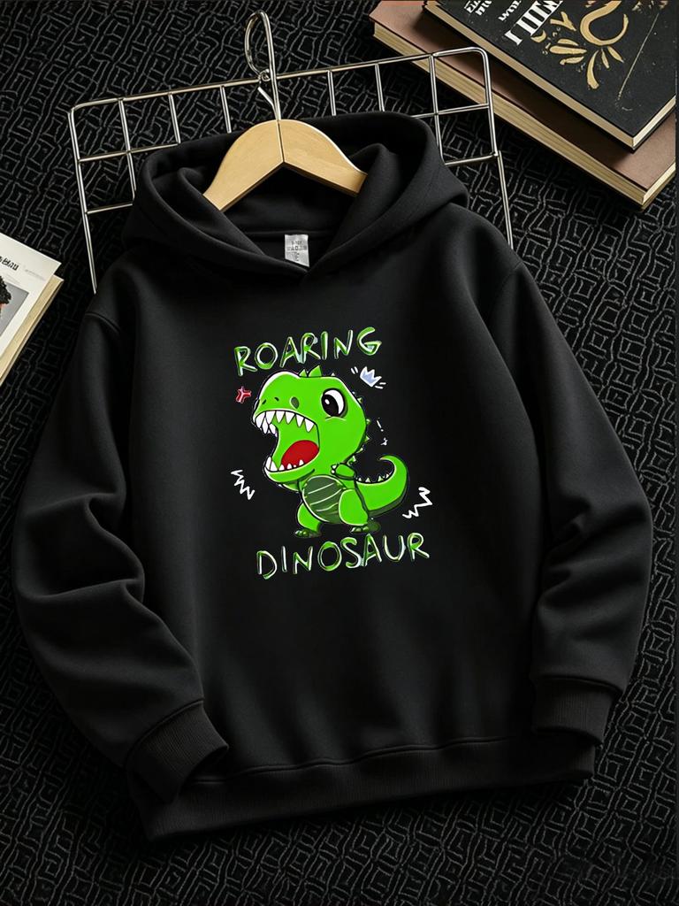 Boys And Girls' Hooded Sweatshirt, Spring Autumn Style Long Sleeve Top, Roaring Cartoon Little Dinosaur with Text Print, Ribbed Cuffs And Hem Design,
