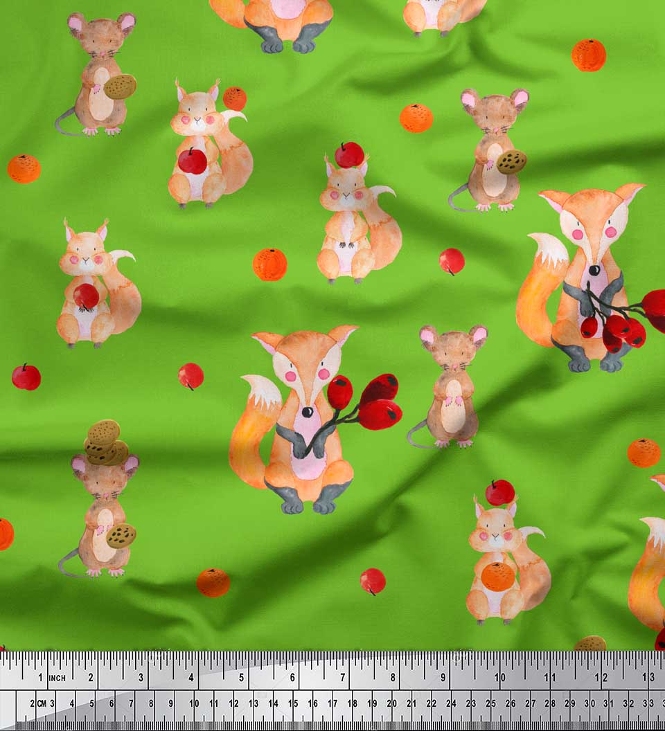 

Тканина Soimoi Black Japan Crepe Satin Fox & Bunny Kids Print Тканина на метри 42 дюйма 42 Inch Wide - Poly Crepe зелений