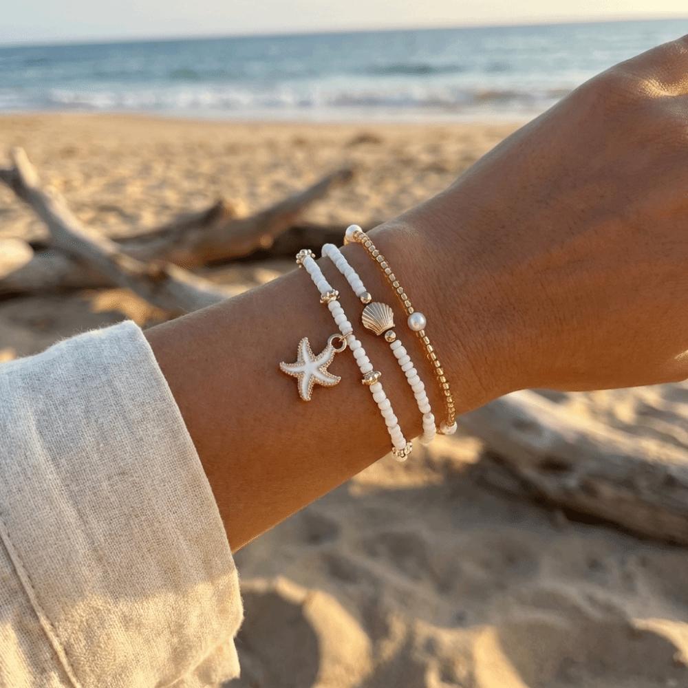 Three-Layer Millet Bead Bracelet Adjustable Beach Foot Jewelry Starfish Shell Ankle Chain  Elegant
