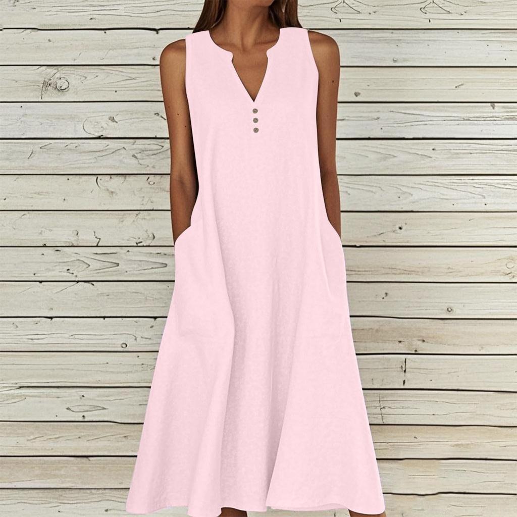 Women's Summer Casual V-neck Button Solid Color Sleeveless Long Dress With Pockets