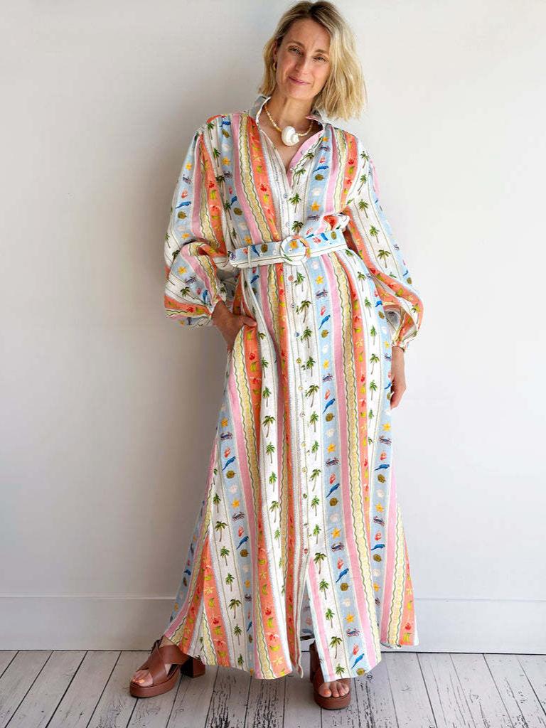 Europe and America 2026 New Personality Cardigan Casual Fashion Belt Linen Long Dress S