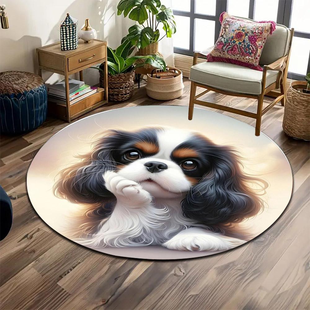 Adorable Cavalier King Charles Spaniel Portrait Print round rug, living room, bedroom, playroom carpet, non slip floor mat, gift
