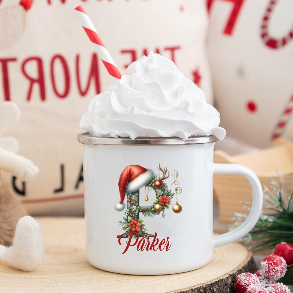 Personalisierte Tasse mit individuellem Namen 26 Buchstaben Emaille Weihnachtsbecher, Geschenk für sie, Weihnachts-Kaffeetasse, Frohe Weihnachten Geschenk