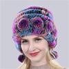 Hot Sale Winter Women Flowers Striped Natural Real Rex Rabbit Fur Hats Lady Warm Knit Genuine Fur Caps