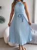 Women Elegant Stand Collar Sleeveless High Waist Pleated Solid Color Long Dress