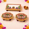 Handicrafts Paradise ( 6 x 4 & 4 x 4 inch, Set of 3Pc Marble Puja Chowki with Intricate Painting for Mandir, Idols Statues Pratima, Bajot