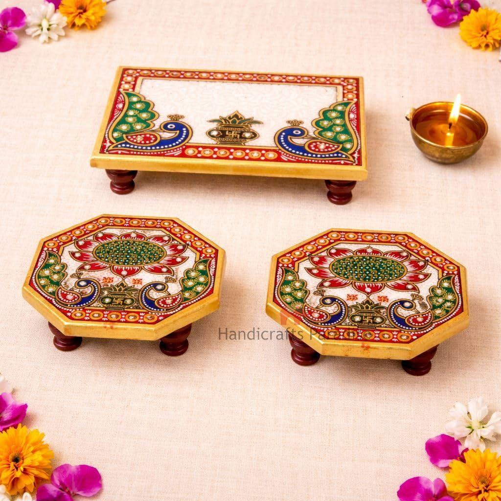 Handicrafts Paradise ( 6 x 4 & 4 x 4 inch, Set of 3Pc Marble Puja Chowki with Intricate Painting for Mandir, Idols Statues Pratima, Bajot