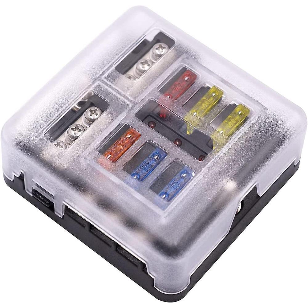 Fuse Box With Negative Bus, Blade Fuses Holder Block 6 Way With Led Indicator For Boat Van Car Truck