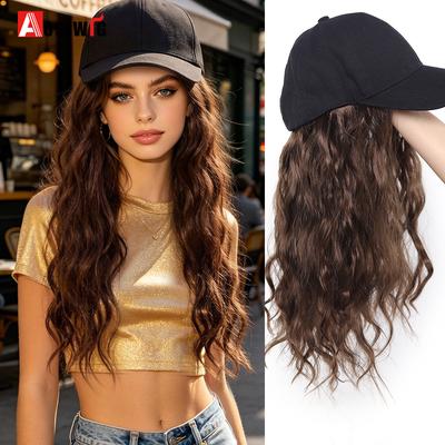 Synthetic Wig Hat with Natural Wave Hair Extensions Attached for Woman Baseball Cap Wig Black Curly Wavy Hairstyle Adjustable