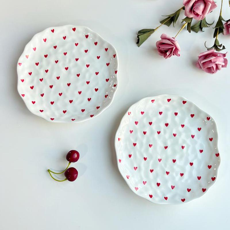 Heart Pattern Ceramic Plates Household 8 Inch New Underglazed Colour Round Dessert Dish Aesthetic High End Dinner Tableware