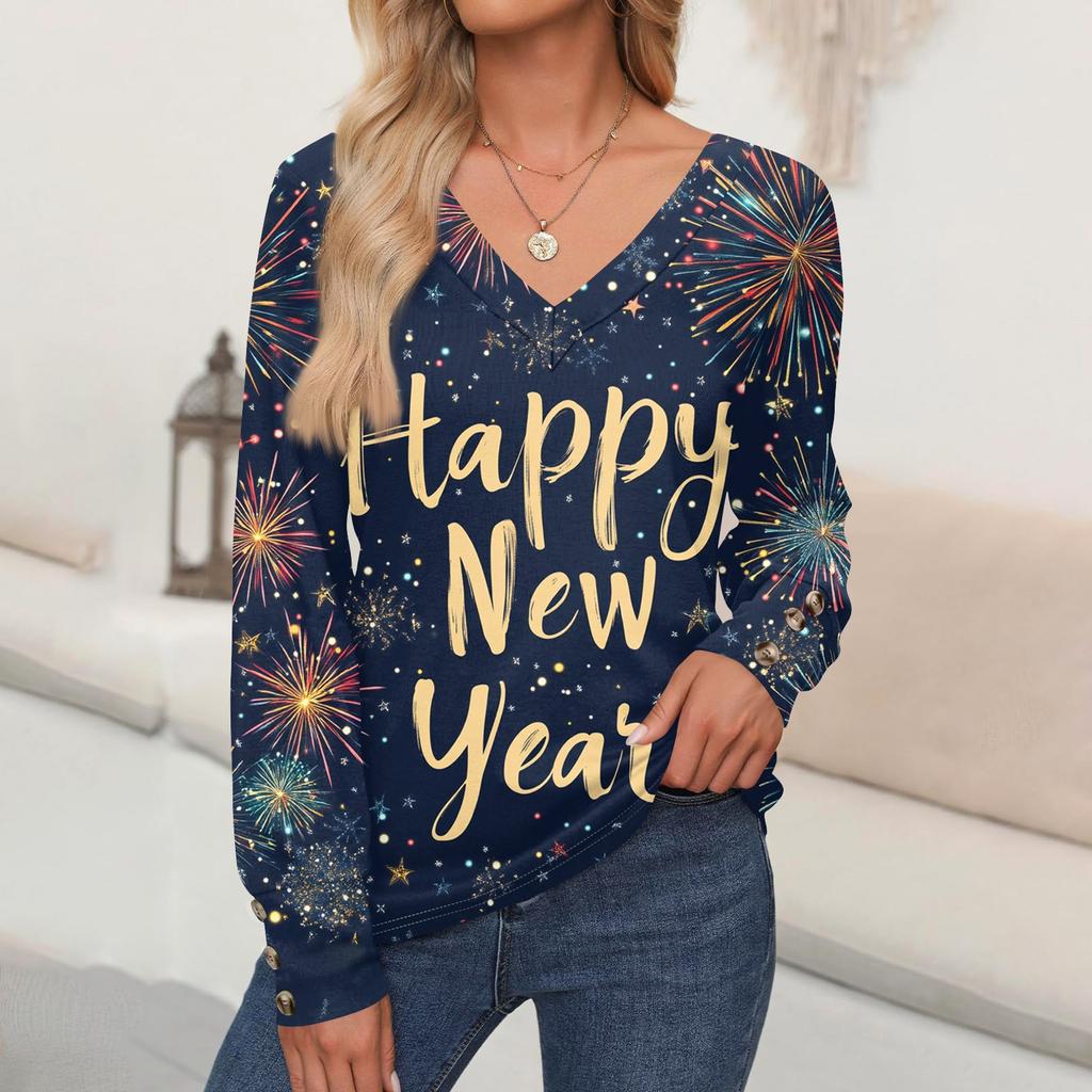 Damenmode Lässig Langarm Weihnachten Bedruckt V-Ausschnitt Pullover Top