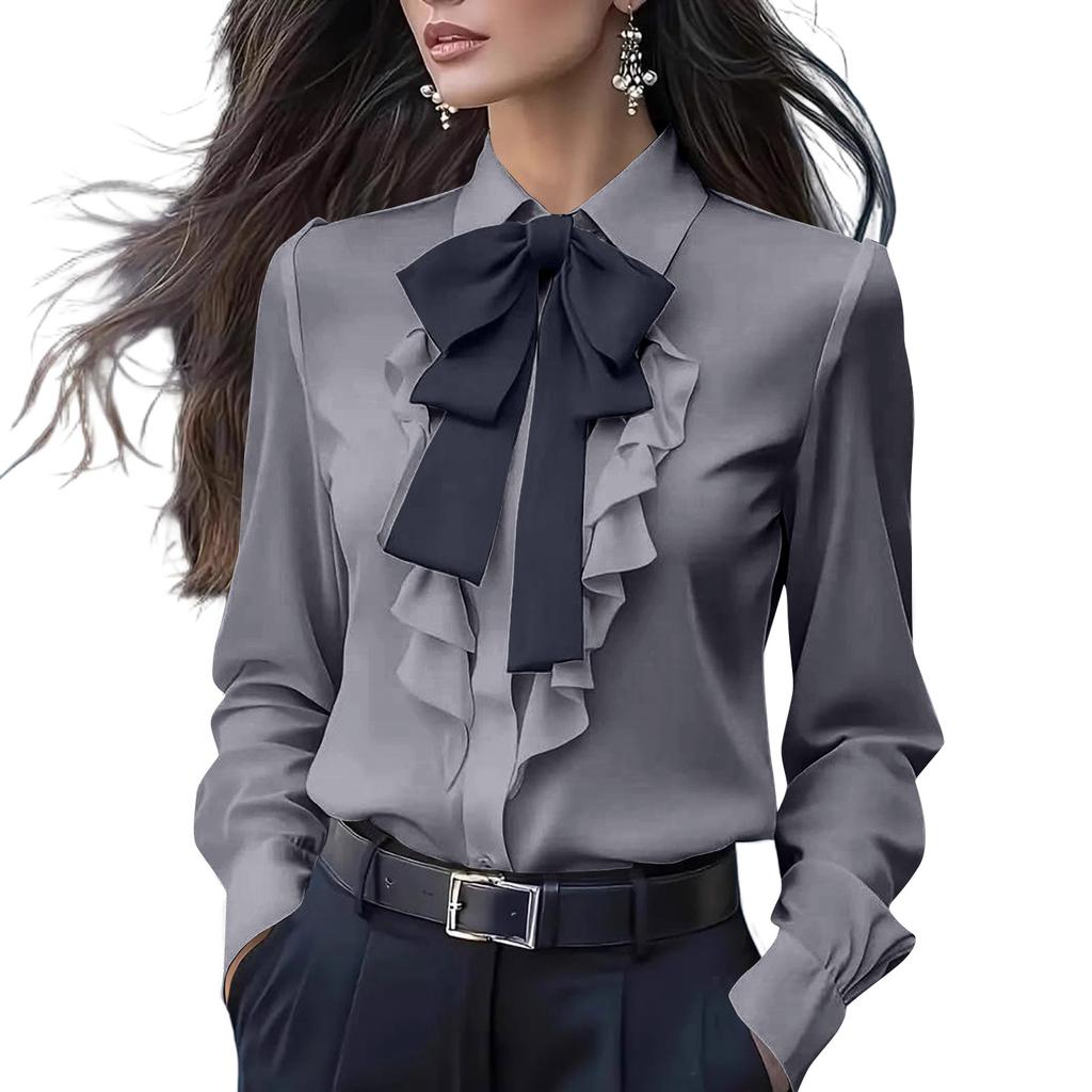 Women Bow Tie Neck Blouse Shirts Long Sleeve Tops