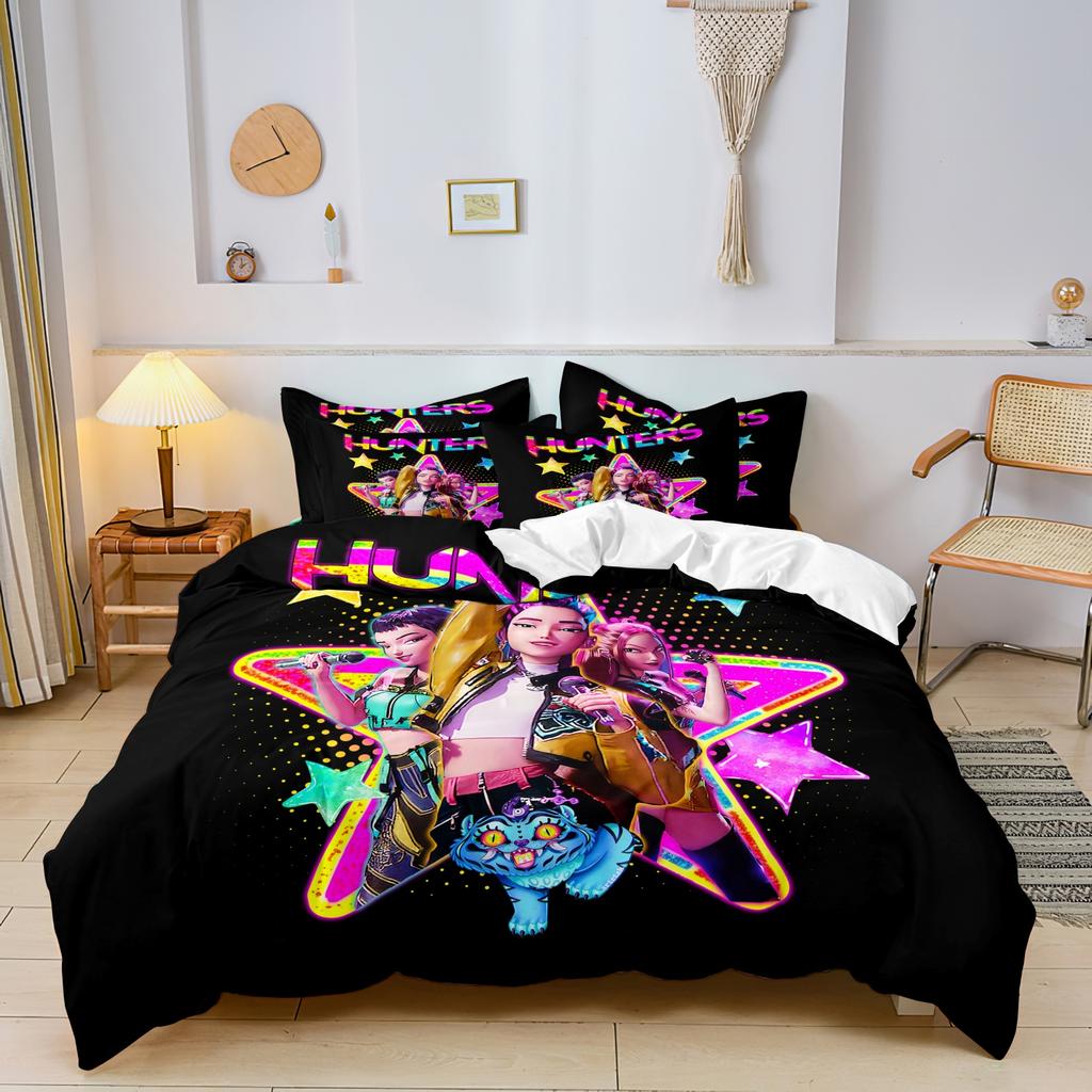 K-Pop Bedding Set Demon Hunters Themed Pink or Black Other Side Print Polyester Student Dormitory Duvet Cover Boys Girls Gift