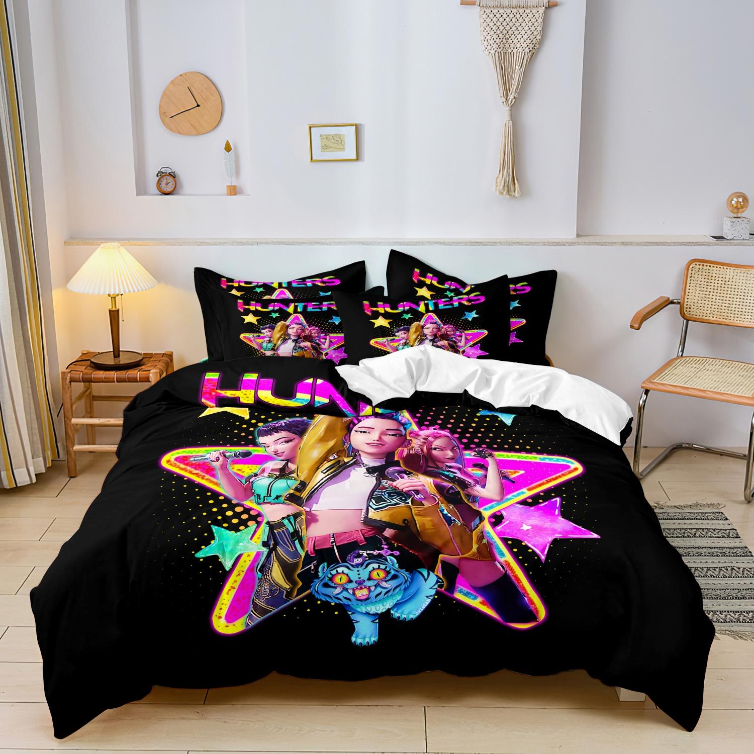 

Comforter K-Pop Bedding Set Demon Hunters Themed Pink Or Black Other Side Print Polyester Student Dormitory Boys Girls Gift Comforter (quilt)-EU Single(135*200cm)3pcs