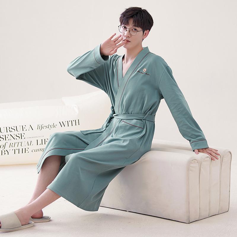 Ανδρική 100% Βαμβακερή Ρόμπα Μπάνιου Μακρυμάνικη - Κορεάτικου Στυλ, Φαρδιά Γραμμή, Πιτζάμες Εμπνευσμένες από Ξενοδοχείο Υψηλής Κατηγορίας