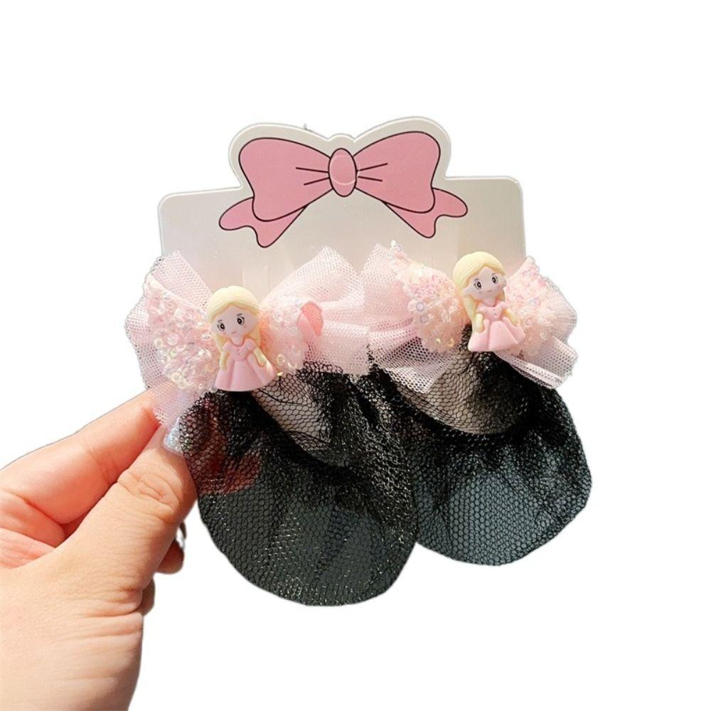 2PCS Fashion Headdress Ballet Hair Net Spring Clip Hair Bun Cover Girls Elastic Hair Net  Kids