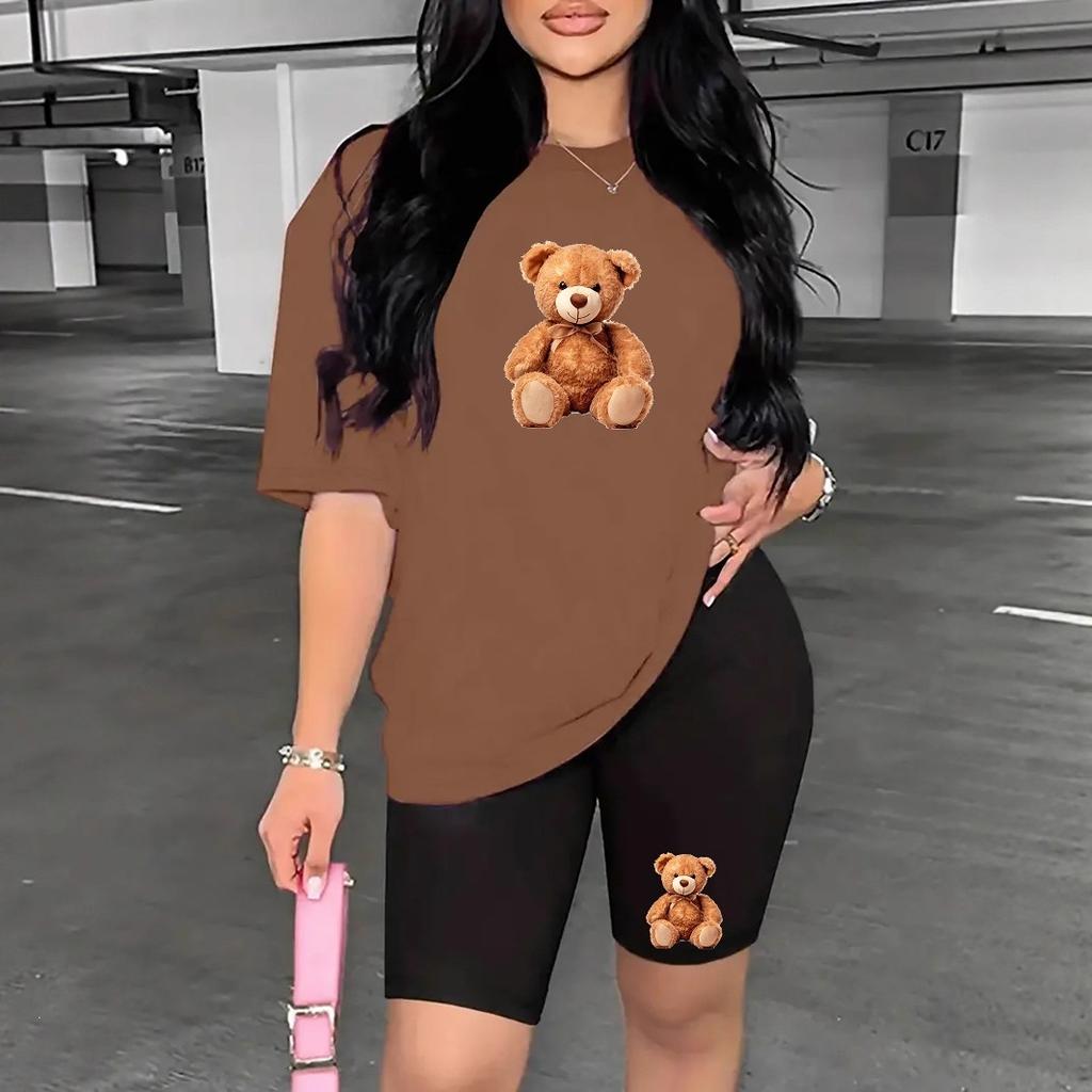 Bear standard size European and American women's clothing lip printing T-shirt shorts set sports suit