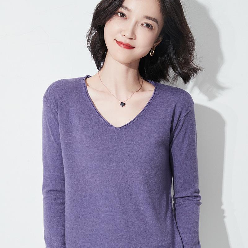 Autumn/Winter Women's Wool Sweater: Round & V-Neck, Rolled Edge, Long Sleeve, Thin Knit Top