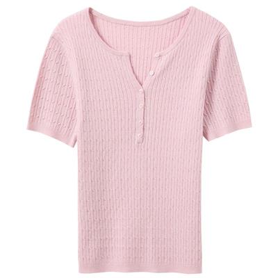 Sancai Plus Size Spring Round Neck Cable Knit Short Sleeve Top