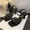2025 super fire sandals fashion rhinestone word with thick heel square head crystal high heels women's summer skirt