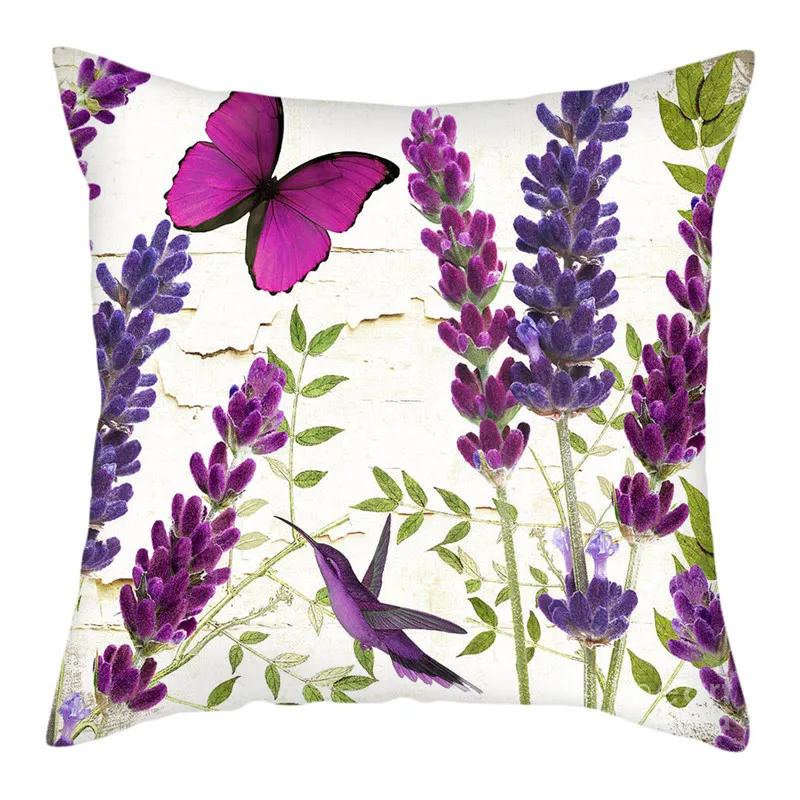 Purple Flower Lavender Polyester Cushion Cover Throw Pillowcase For Sofa Car Chair Living Room Decorative Pillow Cover 45X45Cm