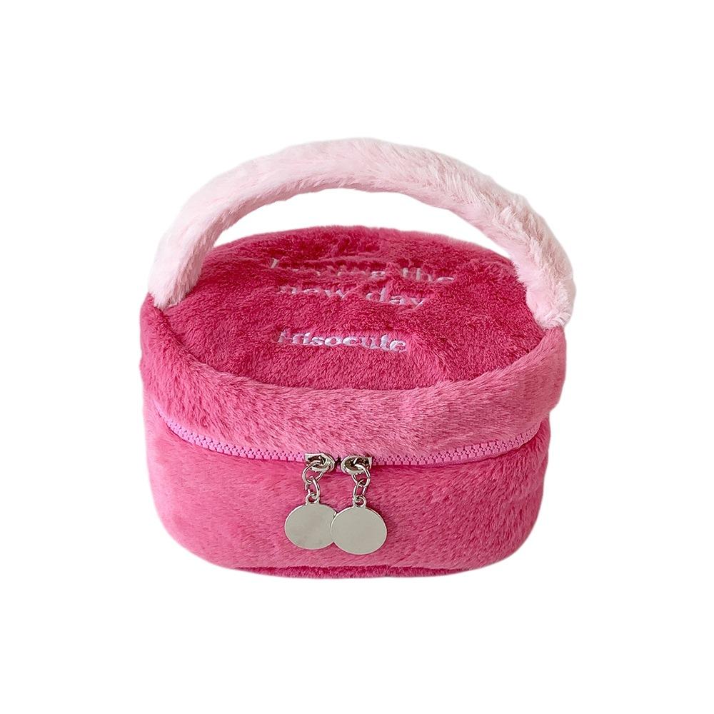 Plush Makeup Bags Travel Organizer Storage Toiletry Bag Korean Style Ins Plush Cosmetic Bag  Ladies Rose Red 19.5cm