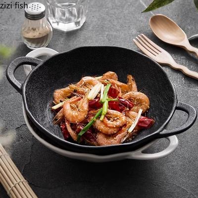 Einfarbige Keramik-Doppelohrschüssel mit großer Kapazität, Nudelschüssel, Suppenschüssel, Salatschüsseln, Snackschalen, Restaurant-Kreativgeschirr