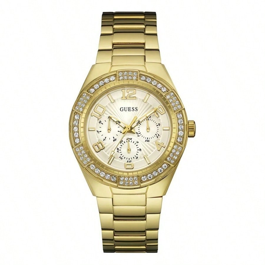 Guess Damski potrójny zegarek kwarcowy - Korpus ze stali nierdzewnej z wyświetlaczem tygodnia i wyświetlaczem sekundnika W0729L2