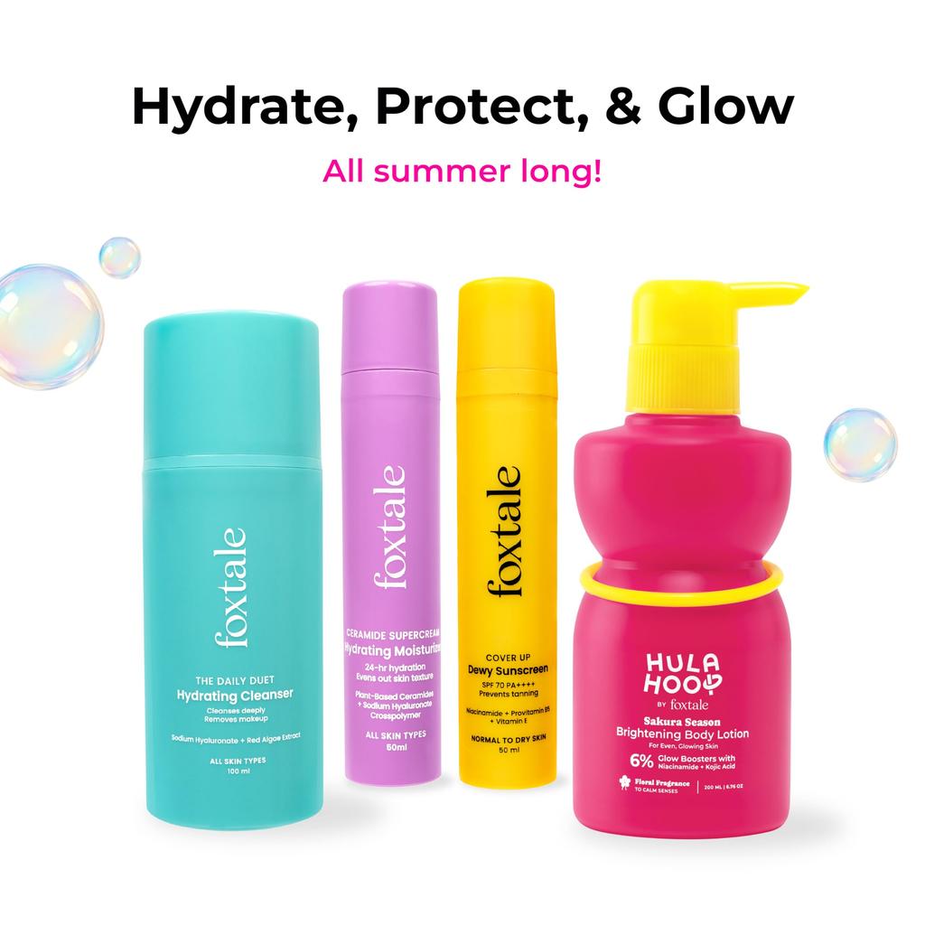 Foxtale Dewy Defense Kit | SPF 70 Sunscreen, SPF 30 Body Lotion, Hydrating Moisturizer & Face Wash | Intense Hydration & Sun Protection | With Niac