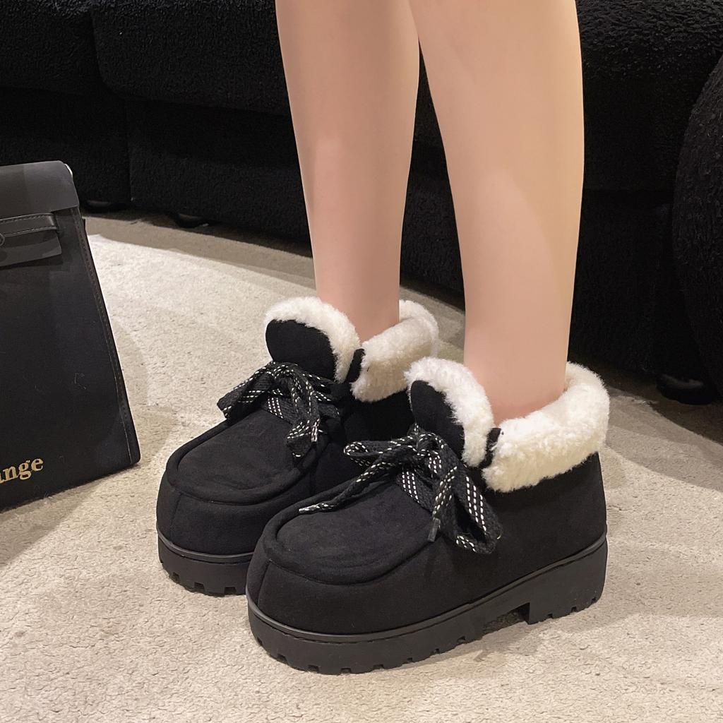New retro winter snow boots warm thick-soled plush home outdoor short boots lace-up medium tube cotton slippers women