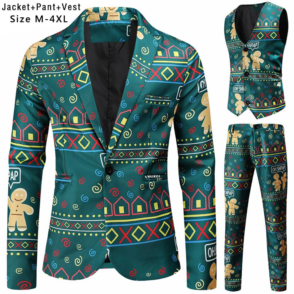 Print Suits Fashion Merry Christmas Men's Suits Jackets Casual Suit 2 Piece Suits(Blazers + Pants) Christmas Gift Set Men's Christmas Print Set Party