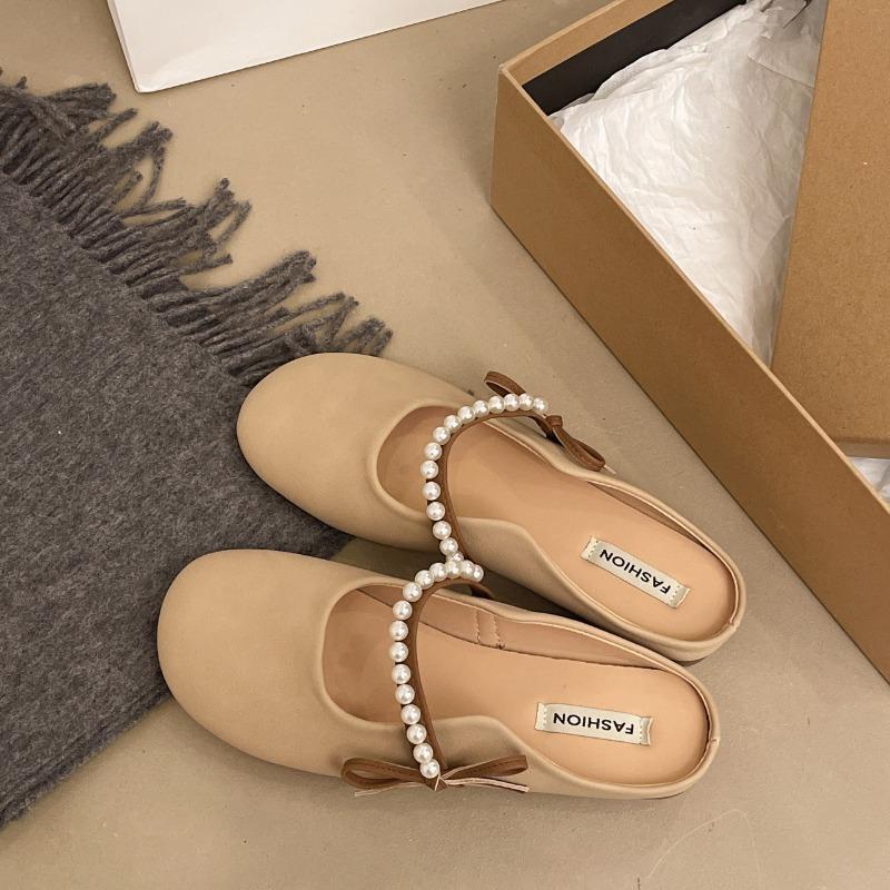 

Baotou half slippers women s outer wear summer new pearl bow gentle flat lazy cool slippers 35 кремовый