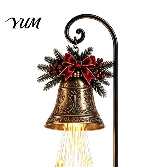 Iron Art Holiday Displays Solar Christmas Bell Waterfall Light, LED Metal Garden Stake with Red Ribbon, Festive Front Yard Illumination Auto