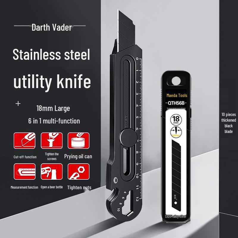 Maeda Schwerlast schwarzes Edelstahl-Utility-Messer: 6-in-1 Tapeten- und Paketmesser in Industriequalität