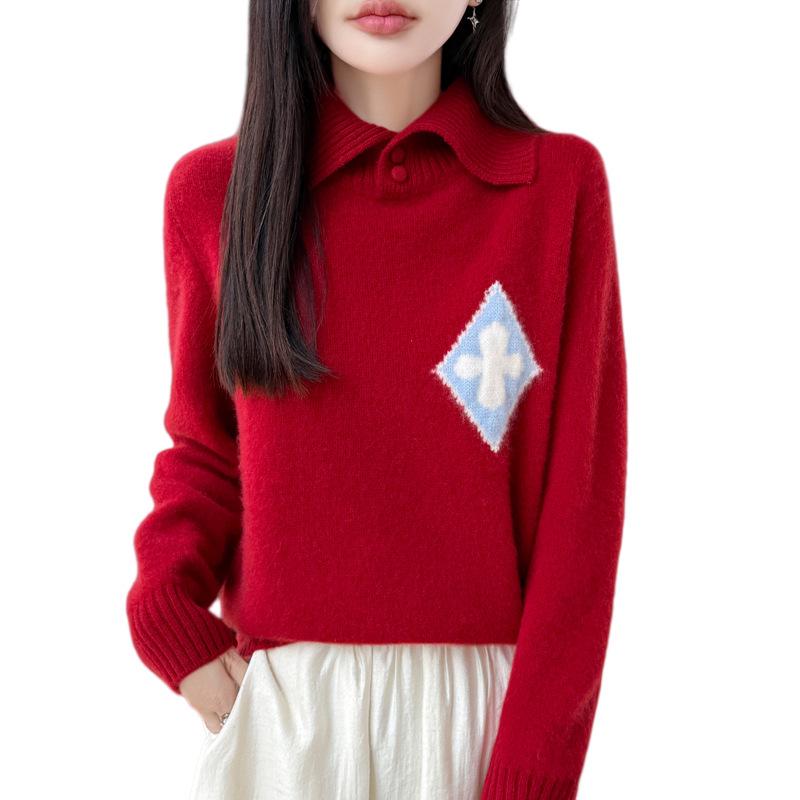 Women's Diamond Jacquard Wool Lapel Sweater - Thick, Warm, Long Sleeve Knitwear for Autumn/Winter