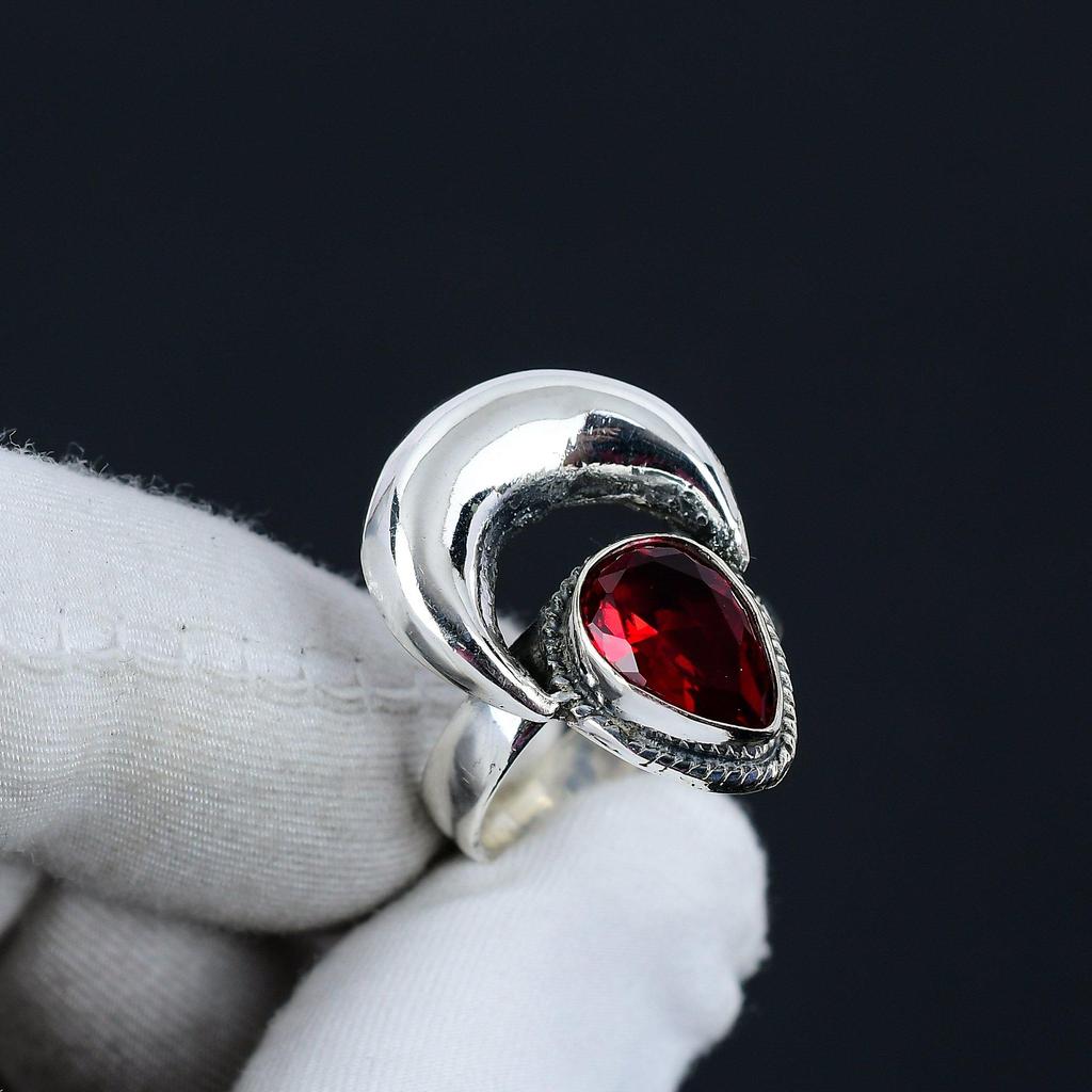 Red Garnet January Birthstone Adjustable 925 Sterling Silver Ring - Fits US Sizes 6 To 10 - Handmade Boho Jewelry for Women & Men, Valentine Gifts