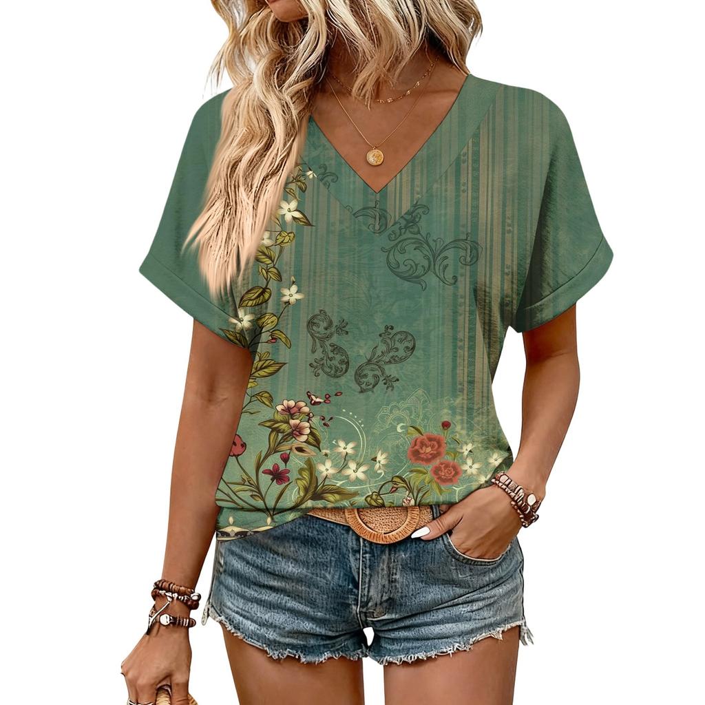 Damen Sommer Oberteile Kurzarm V-Ausschnitt Hemden Lässig Elegant Sommer Blusen Tunika Top