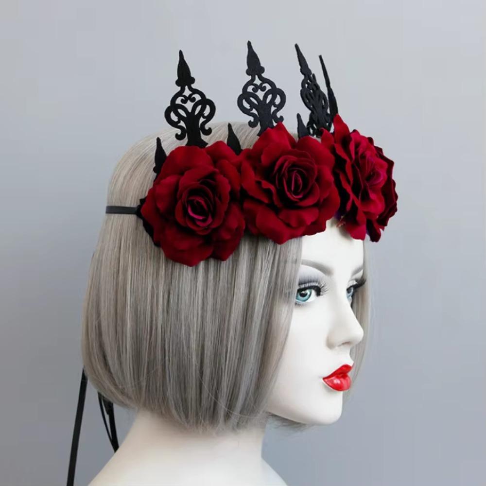 Party Costumes Women Crown Tiara Gothic Style Halloween Headpiece Red Rose Headband  Masquerade