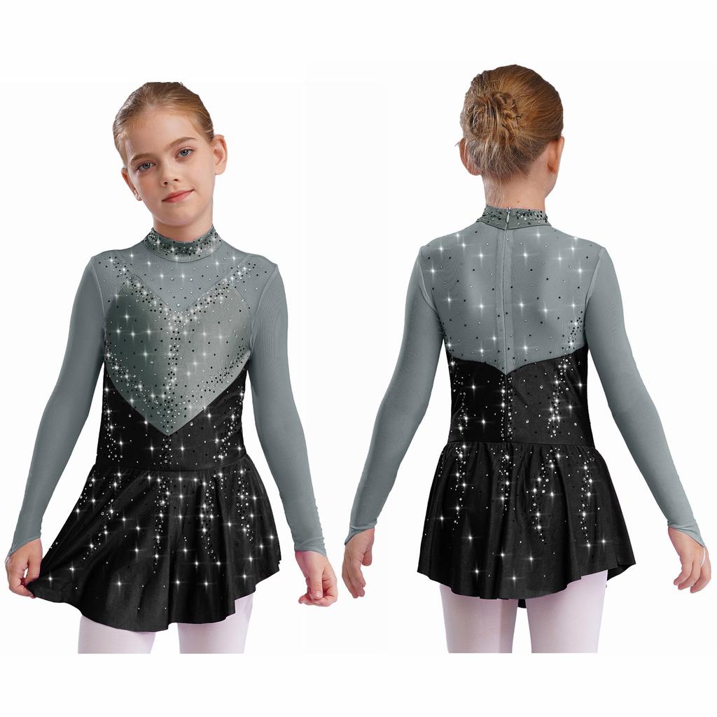 Jenter Skøytekjoler Dansedrakter Mock Neck Langermet Fargeblokk Gjennomsiktig Mesh Patchwork Skinnende Rhinestones Kjole