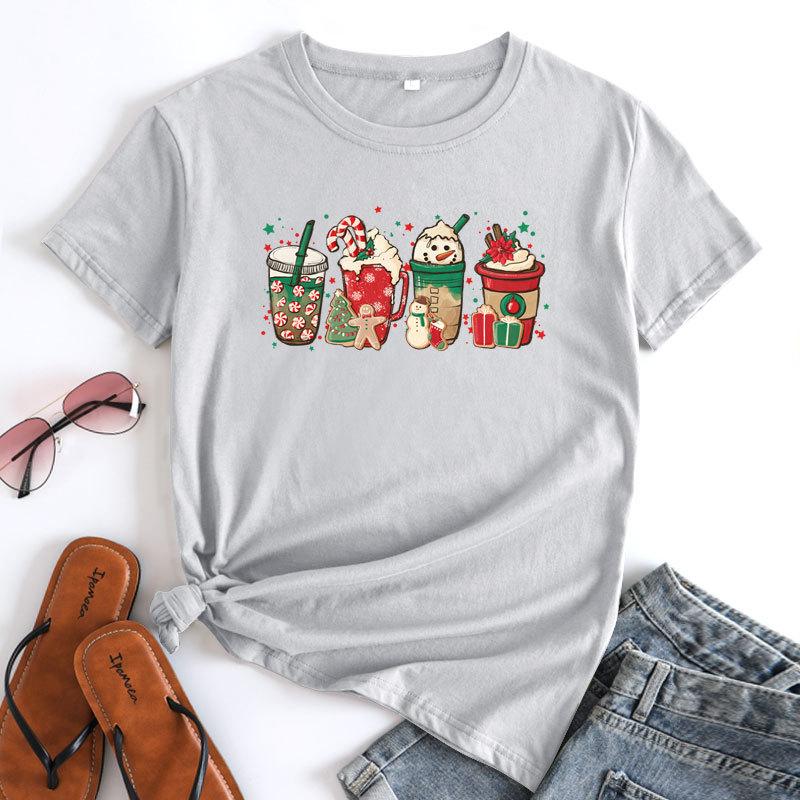 Summer Loose Christmas Print Pure Cotton Round Neck Short Sleeved T-Shirts Women’s