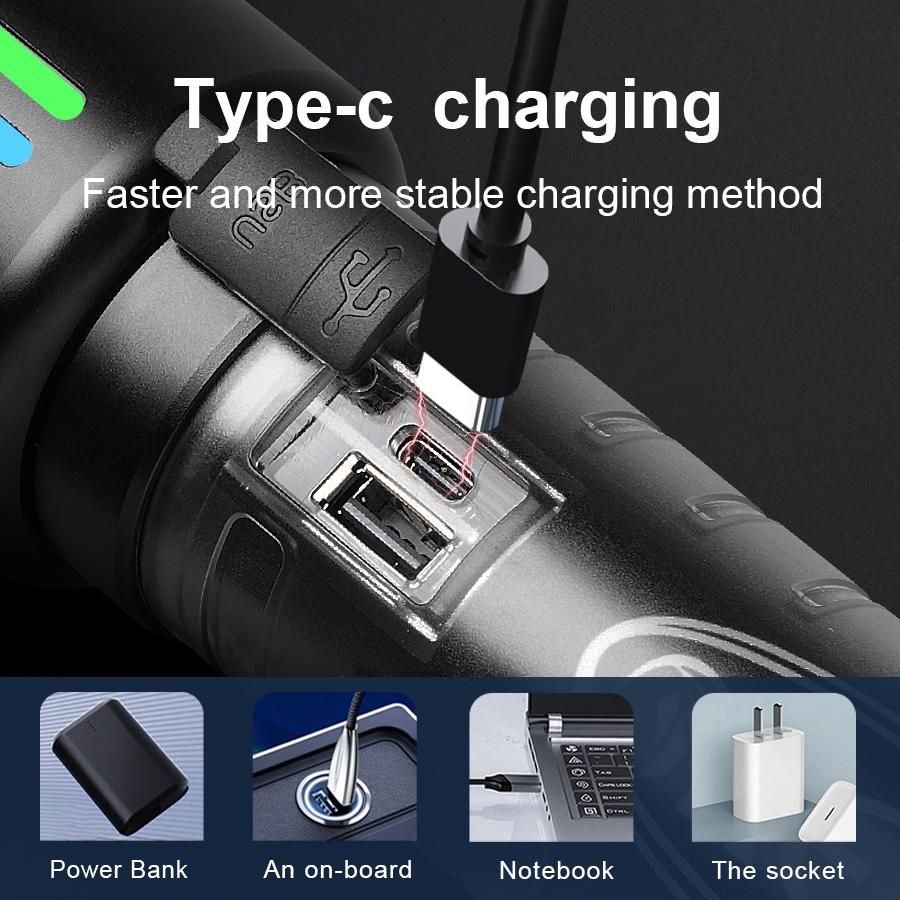 High Power Rechargeable LED Flashlight 90000LM Super Bright 30W LED Torch Light With COB Lights Built-in Battery Camping Lamp