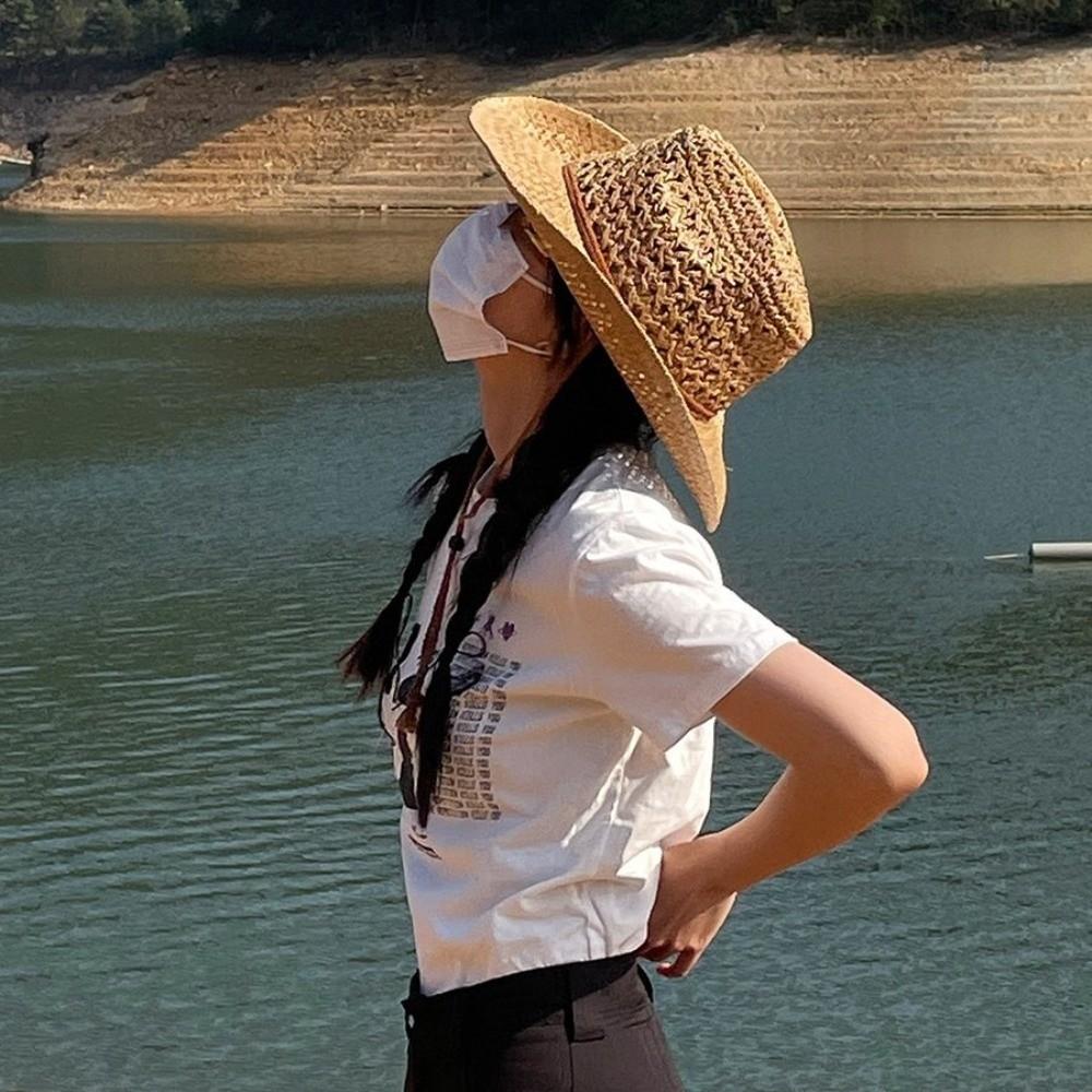 Wide Brim Sunscreen Straw Hat Solid Color Fisherman Hat Retro Western Cowboy Hat  Girl