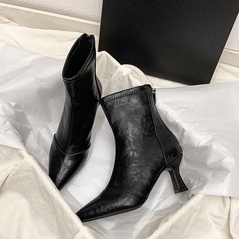 Autumn Winter Fashion Pointed Toe Ankle Boots Women Zippers Thick Heels Shoes Street Style Dress Short Botas Mujer
